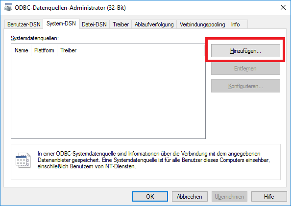 Anlegen der ODBC-Datenquelle